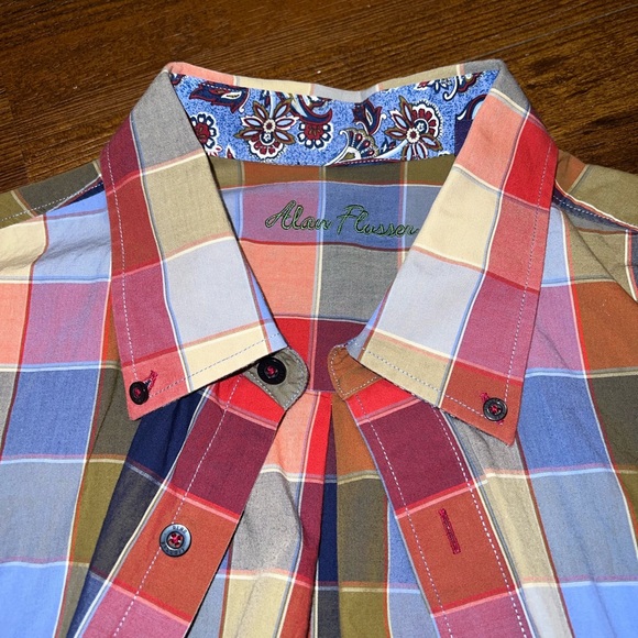 Alan Flusser Colorful Plaid Button Up Shirt Blue Paisley Cuffs & Accents Size XL - Picture 7 of 9